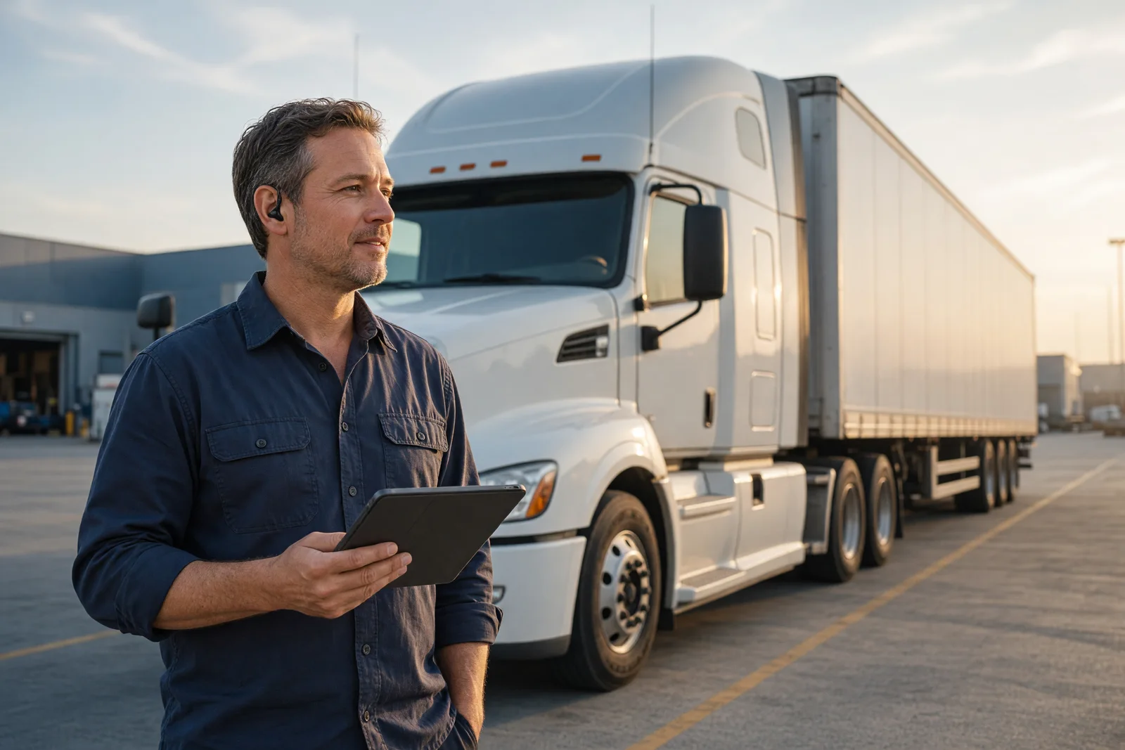 A driver using a tablet beside a parked tractor-trailer